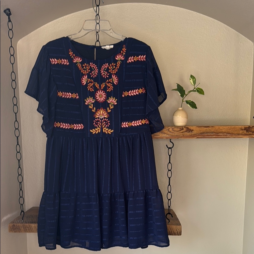 Entro Boho Navy Dress with Floral Embroidery, size S